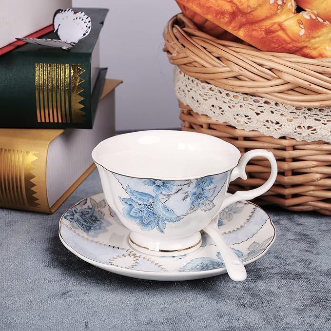fanquare Blue Flowers Porcelain Tea Set, Tea Cup and Saucer Set Service for 6, Wedding Tea Set with Sugar Bowl Cream Pitcher, Floral Coffee Set for Tea Party