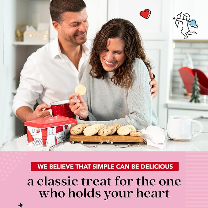 David’s Cookies Shortbread Cookies in Love Sweet Sampler Tin - Original and Chocolate Chip Shortbread Cookies in a Love-Themed Gift Tin - Gourmet Food Gift Basket for Her Him