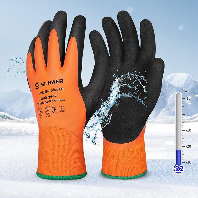 Schwer FreezeGuard Waterproof Work Gloves PM3302, ANSI A2 Cut Resistant Freezer Gloves for Outdoor Cold Weather Keep Hands Warm Below Zero, Waterproof Gloves for Shoveling Snow, Ice Fishing, XXL