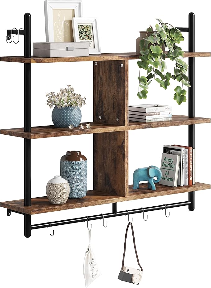 Bestier Floating Pipe Shelving Kitchen Shelves Wall Mounted 3 Tier 41.5" Ladder Coffee Bar Shelf Hanging with Circular Tube, Display Bookshelf Storage for Living Room Kitchen, Rustic Brown