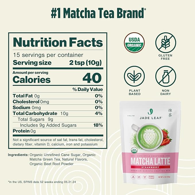 Jade Leaf Matcha Organic Premium Ceremonial Grade Matcha Green Tea Powder - Japanese - Culinary, Ingredient, Ceremonial Barista Teahouse, Latte, Collagen, 5.3 Ounce (Pack of 1), Strawberry Matcha Latte