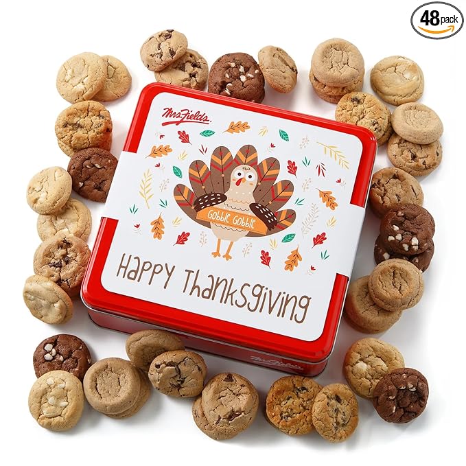 Mrs. Fields 48 Nibblers Bite-Sized Cookies Signature Thanksgiving Tin - Assorted with 48 Nibblers Bite-Sized Cookies in our 5 Classic Flavors for Thanksgiving