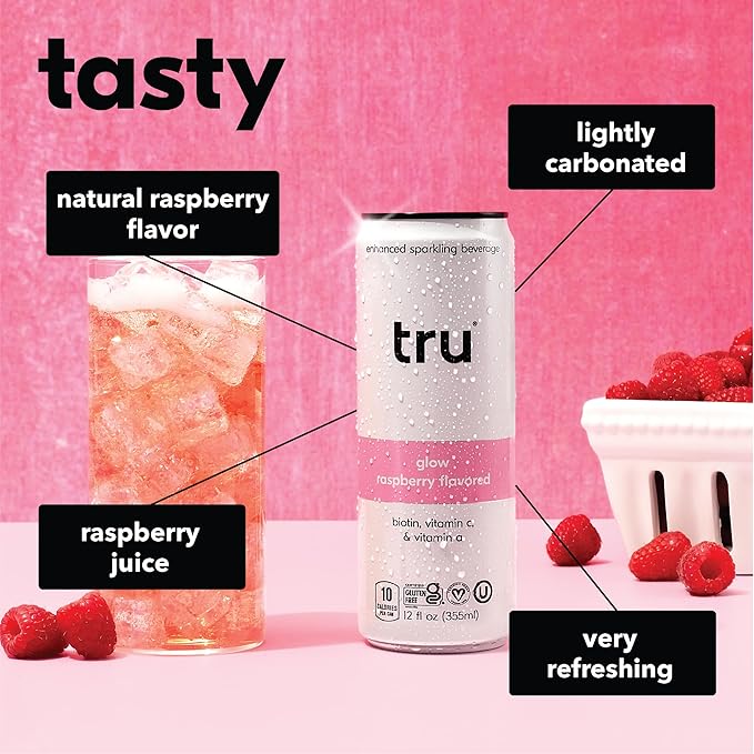 Tru Glow Seltzer, Sparkling Water with Biotin, Vitamin C, Vitamin A & Real Raspberry Juice, Sweetened with Monk Fruit & Stevia, Gluten Free, Vegan, Caffeine & Sugar Free, 12 FL OZ Cans, 12 Pack