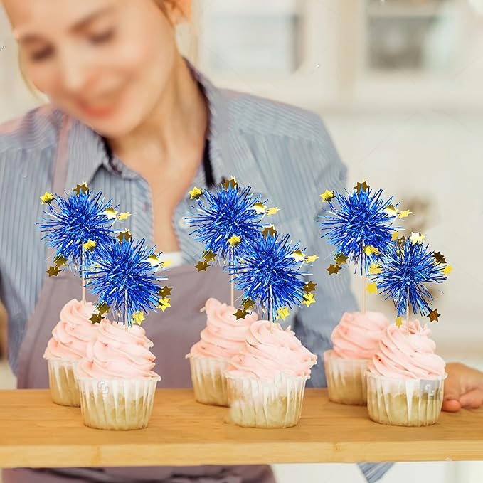 30 PCS Foil Firework Cupcake Toppers Happy Birthday Star Cupcake Picks Sparkle Tinsel Drink Stirrers Cocktail Fruit Toothpicks for Valentine's Day Wedding Birthday Party Decorations Supplies Blue