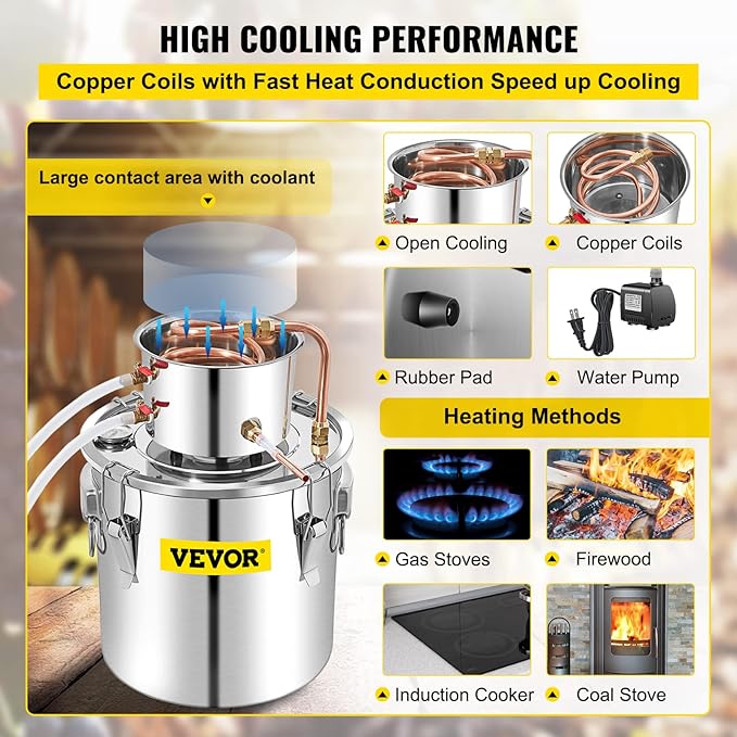 VEVOR Alcohol Still 13.2Gal/50L Alcohol Distiller Stainless Steel Distillery Kit for Alcohol With Copper Tube & Pump Home Brewing Kit Build-in Thermometer for DIY Whisky Wine Brandy