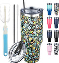 40 oz Tumbler with Lids and Straws, Stainless Steel Insulated Coffee Tumbler, Double Wall Vacuum Insulated Travel Mug Cup, Leakproof Thermal Coffee Cup for Hot and Cold Drinks (Blue Flower)