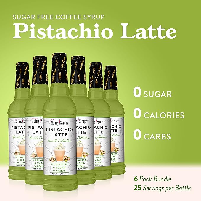 Jordan's Skinny Syrups Sugar Free Coffee Syrup, Pistachio Flavor Drink Mix, Zero Calorie Flavoring for Chai Latte, Protein Shake, Food & More, Gluten Free, Keto Friendly, 25.4 Fl Oz (Pack of 6)