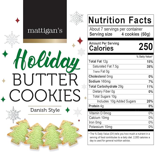 Mattigan's Holiday Butter Cookies, Danish Style Cookie, 12 Oz Tin, Gourmet Gifts, Holidays, Christmas, Stocking Stuffer, Special Occasions, Assorted Cookie Dessert Sweets, Reusable Metal Tin