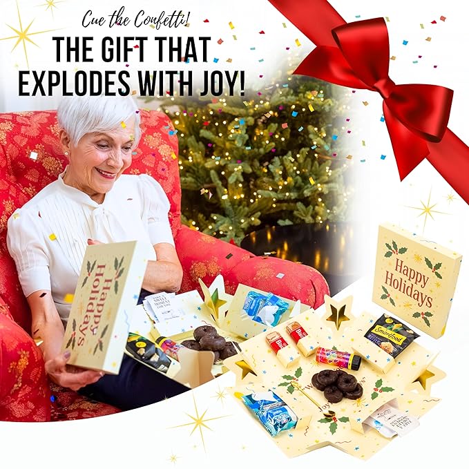 Explosion Gift Box with Treats – Premium Surprise Snack Box with Donuts, Cookies, Chips & More – Blank Design for Any Occasion – Party, Celebration, or Just Because Gift (Happy Holidays)