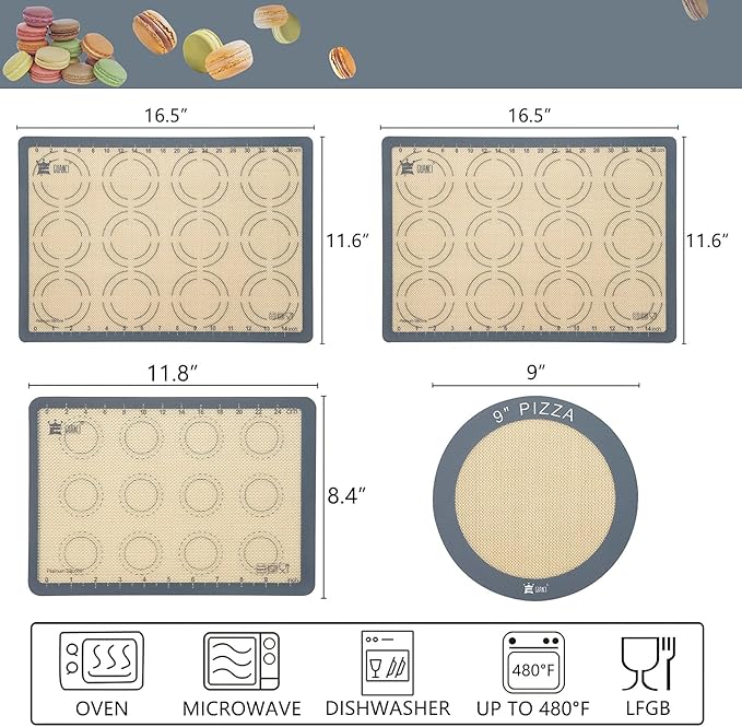 Silicone Baking Mat Set of 4, GUANCI Grade Food Baking mats Non-Stick Reusable Pizza Bakeware Mat for Making Macaroon, Pizza, Cookie, Pastry, Bread, Bun(Grey)