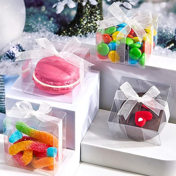 100pcs Clear Single Chocolate Covered Cookies Macaron Box for Wedding Favors Baby Shower 2.17"×2.17"×1.38" Inch, Party Favor Box with Ribbons for Candy Chocolate Mooncake