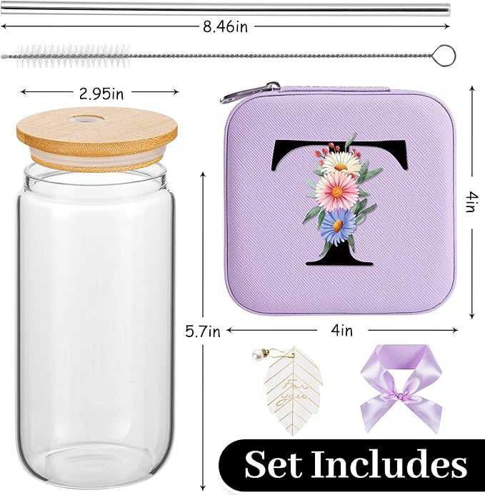 AYGXU Birthday & Special Occasion Gifts for Women & Girls - Travel & Home Glass Cup with Bamboo Lid, Straw & Initial T Purple