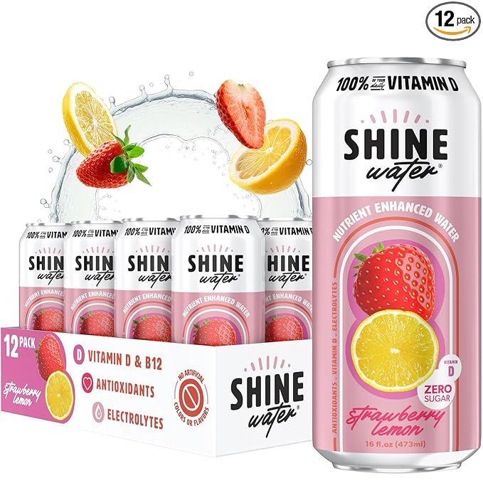ShineWater Strawberry Lemon Vitamin D Electrolyte Drink | Zero Sugar Hydration Beverage with Magnesium, Zinc & Antioxidants | Low Calorie Plant-Based Vitamin Water | 12 Pack