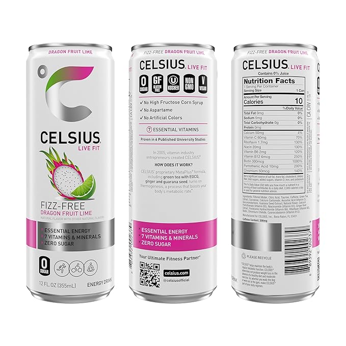 CELSIUS Fizz Free Dragon Fruit Lime, Sugar Free Energy Drink, 12 Fl Oz (Pack of 12)