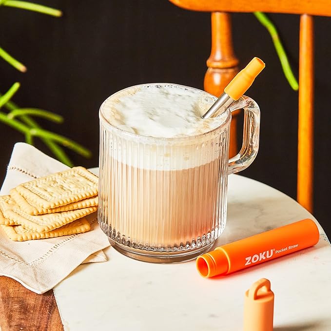 ZOKU Reusable Metal Straw with Case for Travel, Orange - Collapsible Stainless Steel Drinking Straw with Silicone Tip and Cleaner Brush, Ideal for Key Chains, Pockets, Purses