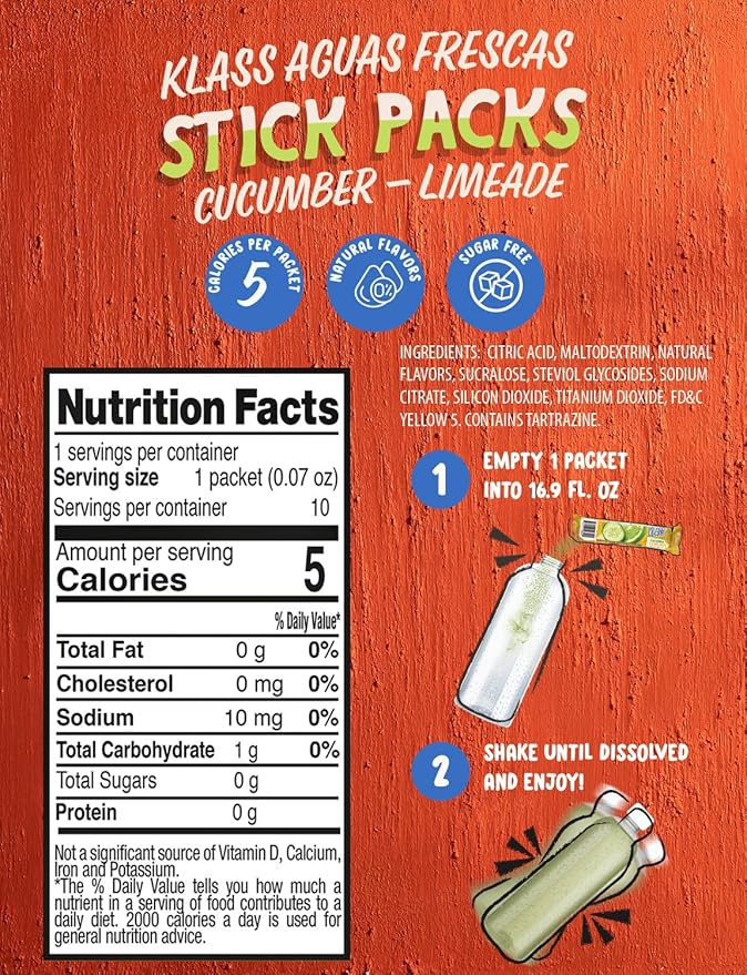 Klass Aguas Frescas | Drink Mix Cucumber Limeade | Sugar Free Drinks! (40 Count Powder Stick Packets)