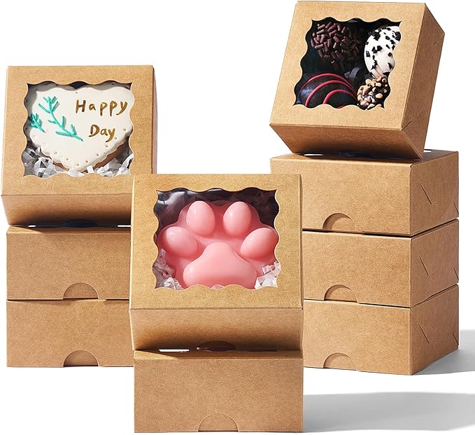 3.2x3.2x1.5 Inches 50PCS Mini Bakery Boxes with Window for Cookies, Soap, Chocolate Truffle, Donut, Macaron(Brown)