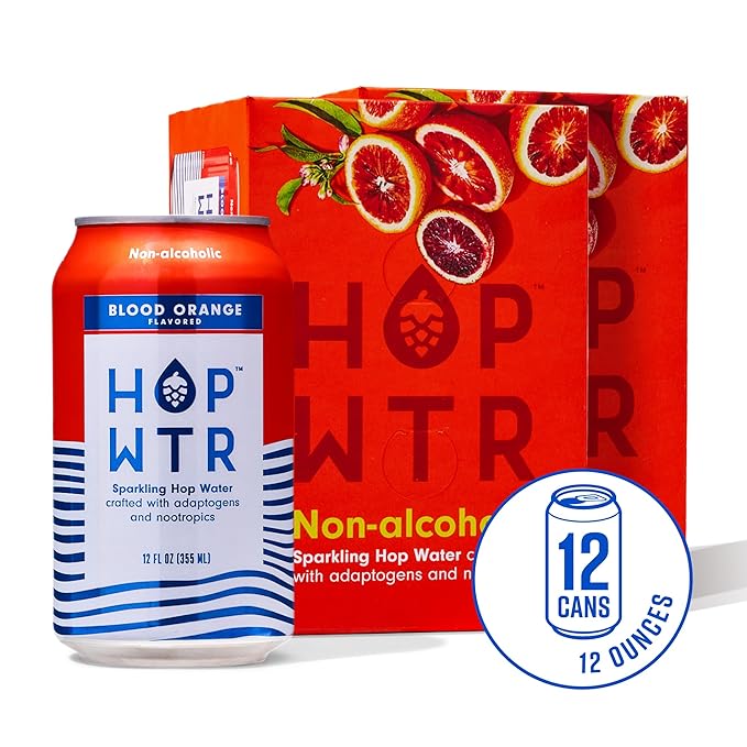 HOP WTR Sparkling Hop Water Blood Orange 12 Pack, Sugar Free, Low Carb Non Alcoholic Drinks, NA Beer, Adaptogen Drink, No Calories, Adaptogens & Nootropics for Added Benefits, 12 oz Cans