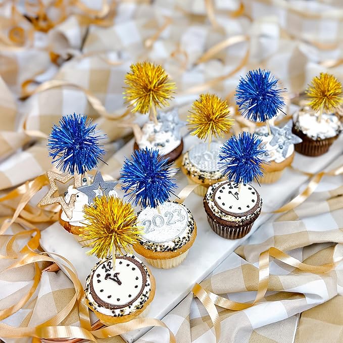 Gyufise 30Pcs Foil Firework Cupcake Toppers Sparkle Tinsel Cake Toppers Tinsel Drink Cake Decoration Cocktail Picks for Birthday Wedding Graduation Party Supplies Gold Dark Blue