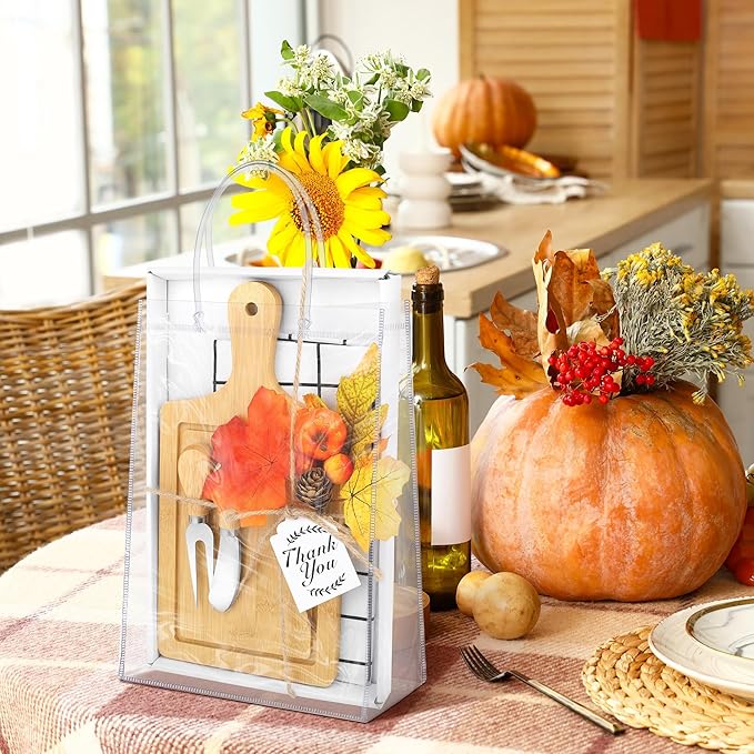 6 Sets Autumn Gifts Bridal Shower Favor 43 Pcs Wooden Square Cheese Board with Knives Forks Kitchen Towels Tags, Pre-Assembled Gifts for Fall Thanksgiving Party Supplies Winner Game Prizes