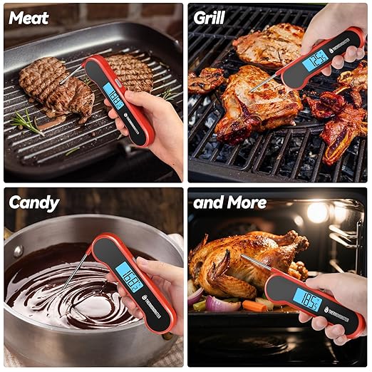 0.5 Sec Instant Read Meat Thermometer Digital with ±0.5℉ Precision, 100% Waterproof Auto Flip Bright LCD Screen, Motion Sensing Food Thermometer for Cooking Kitchen Oven Grill Candy BBQ, Red