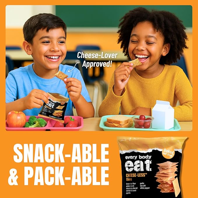 Every Body Eat Snack Thins, Gluten & Dairy Free, Vegan, School Safe Lunch Snacks, Cheese-Less (20 Single Serve Bags, 1.1oz)