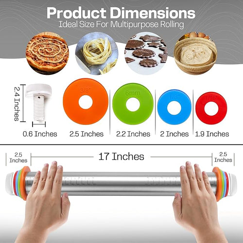 17" Stainless Steel Rolling Pin with 4 Adjustable Thickness Rings and Baking Mat for Dough, Pizza, Pies, Pastries, Pasta, Cookies (Black Mat)
