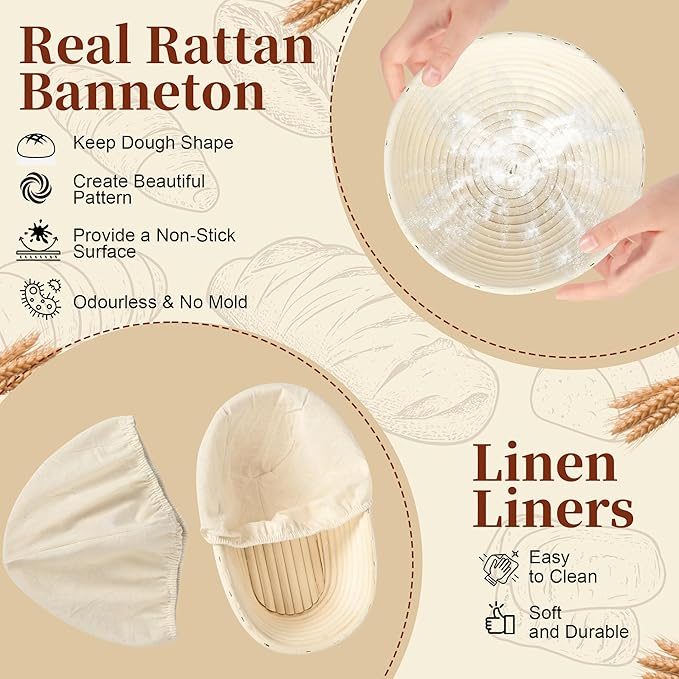 Sourdough Starter Kit, 9" Round & 10" Oval Banneton Bread Proofing Basket Set, Sourdough Bread Baking Supplies, Bread Making Tools Gift Set for Beginner Professional Bakers