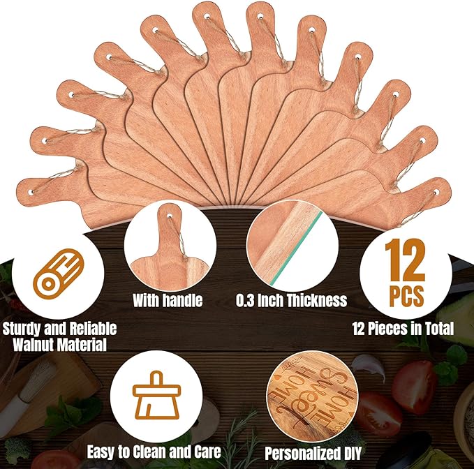 Patelai 12 Packs Wooden Cutting Board Set with Handles Large Kitchen Serving Plain Chopping Board Bulk Gifts for Mom for Vegetables Meat Pizza Cheese Fruit Bread(Walnut,15 x 7 Inch)