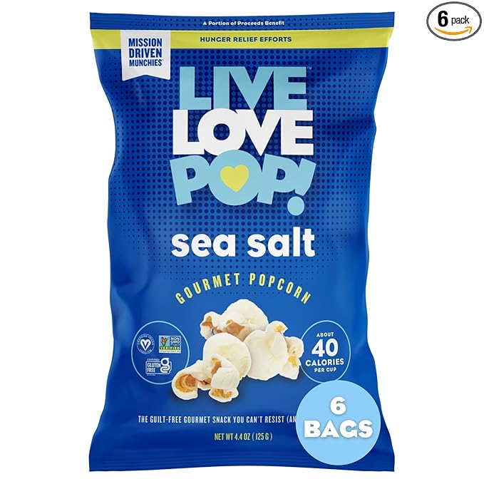Live Love Pop Sea Salt Flavored Gourmet Popcorn, 4.4 Oz (Pack of 6), Healthy Snack, Gluten Free, Vegan & Non-GMO, Mission Driven Munchies