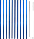 10 Pcs Stainless Steel Straws, Reusable Drinking Straws, Straight Metal Straw Sets with 2 Pcs Cleaning Brushes (8.5 Inch, Blue)