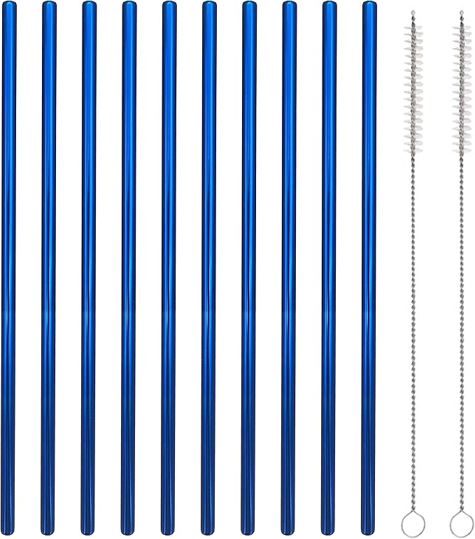 10 Pcs Stainless Steel Straws, Reusable Drinking Straws, Straight Metal Straw Sets with 2 Pcs Cleaning Brushes (8.5 Inch, Blue)