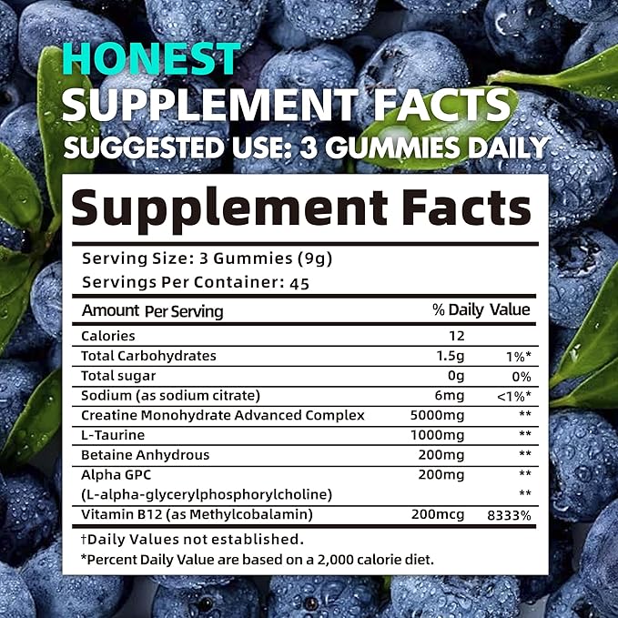 Creatine Monohydrate Gummies for Men & Women - 5g of Creatine Monohydrate per Serving - Sugar Free,Vegan, Blueberry Flavor, 135 Count.