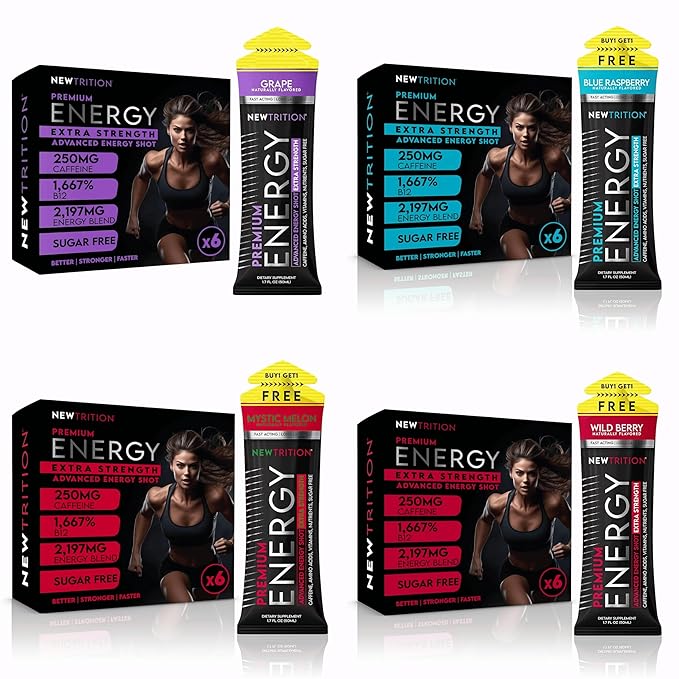 NewTrition® Extra Strength Energy Shots, Sugar-Free 1.7 fl oz (Pack of 24, 8 Flavors) - 250mg Caffeine Energy Drinks with Vitamin B & Amino Acids, Zero Calorie Vitamin Energy Shots (Mixed 1&2)