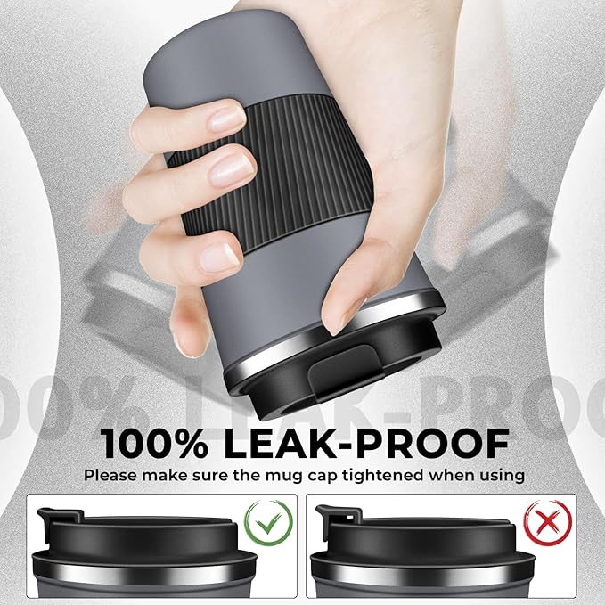 Insulated Coffee Tumbler 12 oz, Stainless Steel Coffee Mug with Lids, Travel Coffee Mug Leak Proof, Double Wall Vacuum Insulated Reusable Iced Coffee Cup, Keep Drinks Hot and Cold (Gray, 17 Ounces)