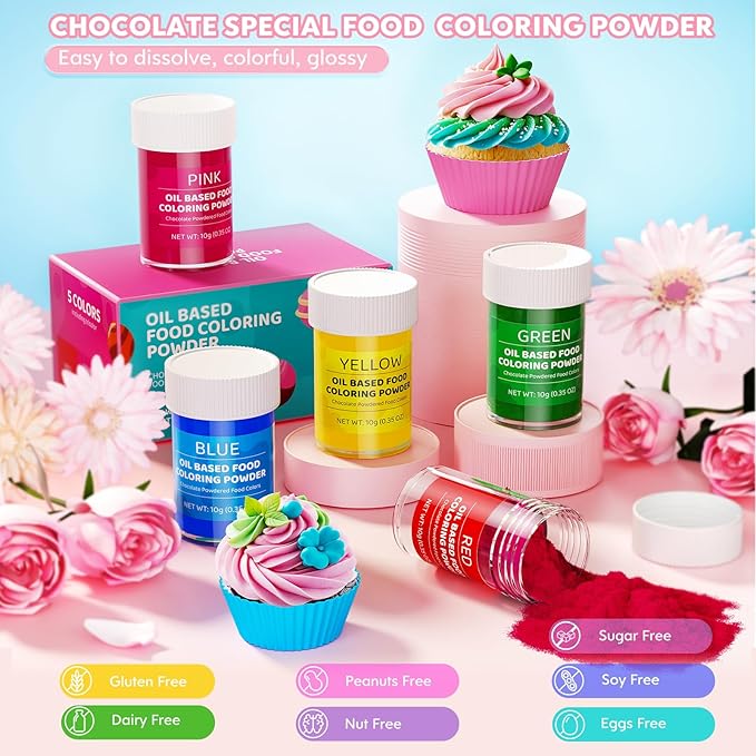 Oil Based Food Coloring Powder for Chocolate 5 Colors Powdered Edible Food Dye for Sugar Candy Melts Oil Frosting Icing Dye for Backing Cookies Fondant Food Color for Cake Decorating - 10g/ Bottles