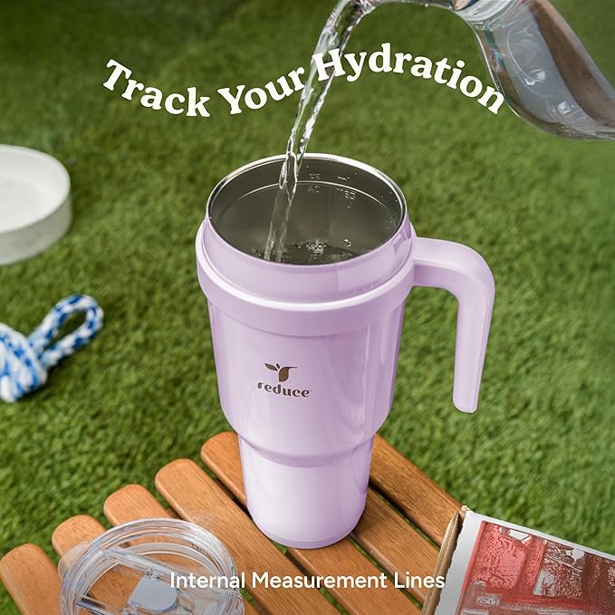 REDUCE 40 oz Stainless Steel Tumbler with Handle - Dual-Wall Vacuum Insulated Travel Mug, Sweat-Proof Lid & Reusable Straw - Keeps Drinks Cold for 24 Hrs, Fits Cupholders, Dishwasher Safe - Palm Leaf