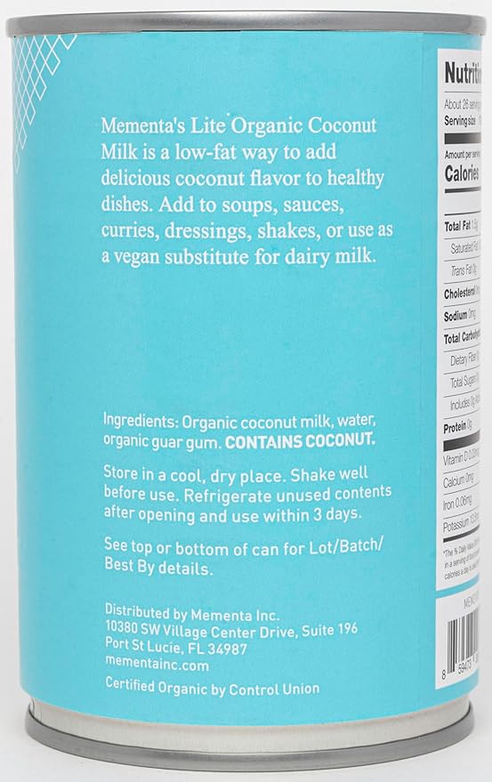 Mementa Inc Organic Lite Coconut Milk 9% Fat, Vegan, Plant-Based, Lactose-Free, 13.5 Fl Oz (Pack of 3) - Premium Organic Milk Alternative with Coconut Cream Richness