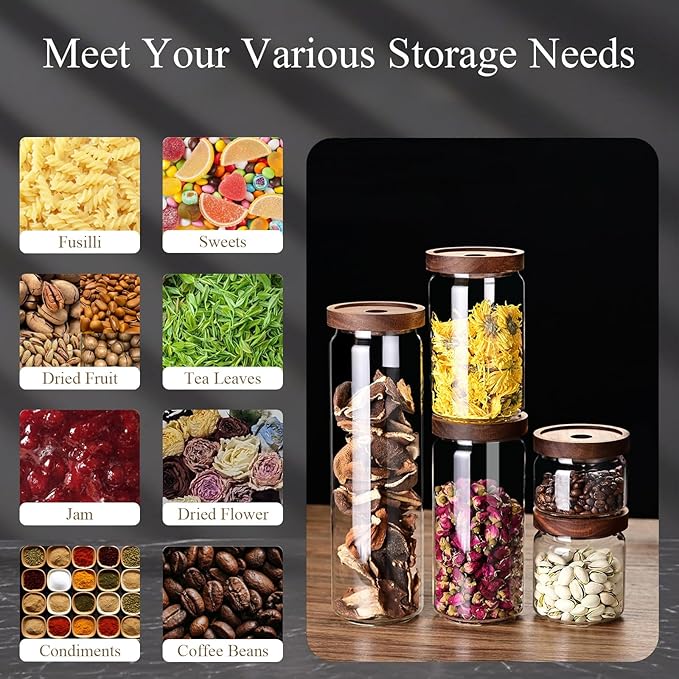 Glass Jars with Airtight Wood Lids - 12 oz Small Kitchen and Pantry Storage Containers, Canisters for Chia Seed, Ground Coffee, Sugar, Spice, Salt, Salad, Matcha, Set of 2