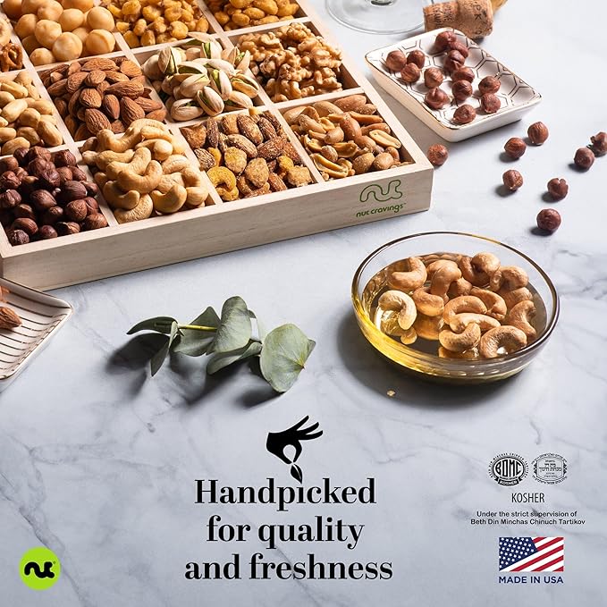 NUT CRAVINGS - Thanksgiving Mixed Nuts Gift Basket in Reusable Wooden Tray + Heart Ribbon (12 Assortments) Holiday Xmas Christmas Food Arrangement, Healthy Snack Care Package