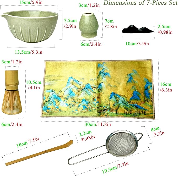 Matcha Whisk Set (7pcs) - Matcha Set with Whisk,Pouring Spout Bowl(15oz),Chasen Holder,Powder Sifter,Bamboo Scoop with Stand,Tea Cloth,Perfect Tools Kit for Tea Ceremony(Celadon Green)