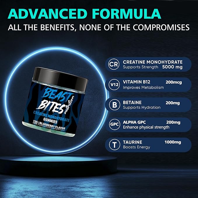 Creatine Monohydrate Gummies for Men & Women - 5g of Creatine Monohydrate per Serving - Sugar Free,Vegan, Blueberry Flavor, 135 Count.