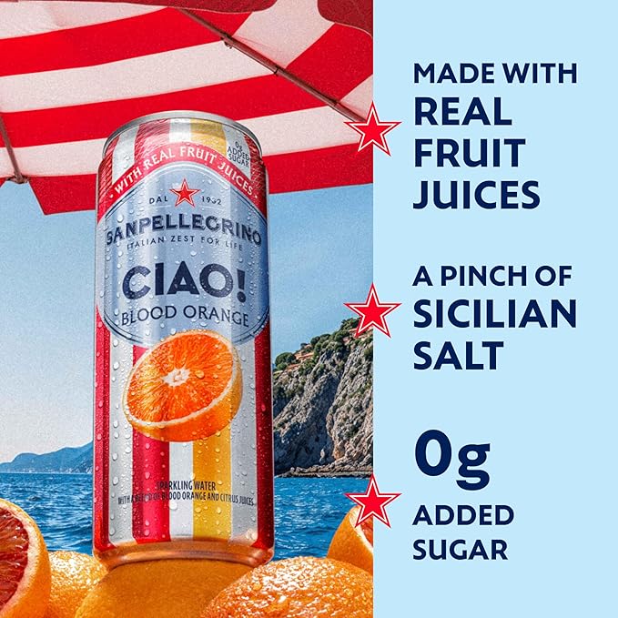 Sanpellegrino CIAO Blood Orange Sparkling Water, Low-Calorie Italian Sparkling Water with Real Fruit Juices, 0g Added Sugar, 24-Pack