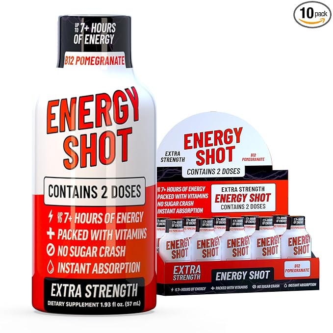 B12 Açaí Pomegranate Extra Strength Energy Shot 10 pk – 260mg Natural Caffeine B12 B6 – Energy & Vitality Support – 2 Servings Sugar Free Zero Calorie Green Tea B-Vitamins Electrolytes Vegan – 1.93 fl oz
