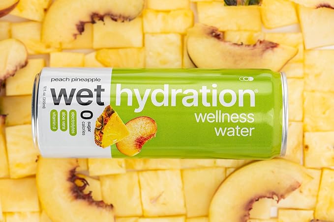 Wet Hydration | Functional Wellness Water, Non-Carbonated - Peach Pineapple (12 Ounce Cans, Pack of 12) - Flavored Water, Hydration Drink, No Sugar, No Artificial Ingredients, Zero Calories (Packaging May Vary)