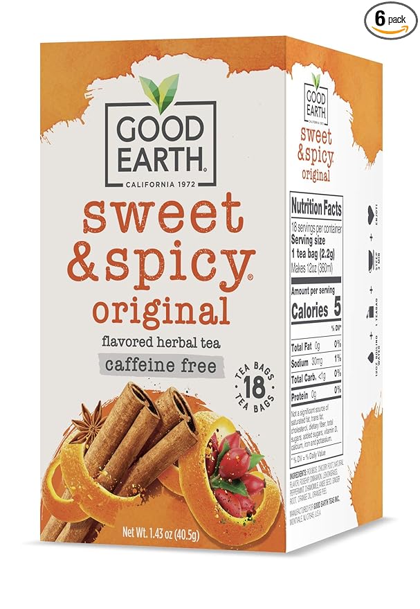 Good Earth Herbal Tea, Sweet & Spicy, Caffeine Free, Packaging May Vary, 18 Count, Pack of 6