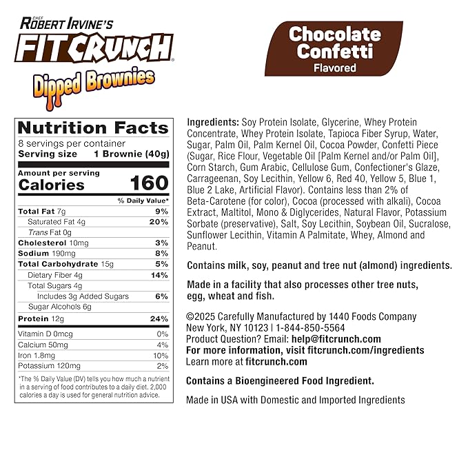FITCRUNCH Dipped Protein Brownies, 12g of Protein & 4g of Sugar (8 Brownies, Confetti)