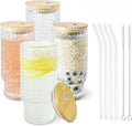4 Pcs 16oz Drinking Glasses Cups Set with Bamboo Lids Straws Brush Begonia Vintage Glassware Set for Juice Iced Coffee Beer Cocktail Whiskey