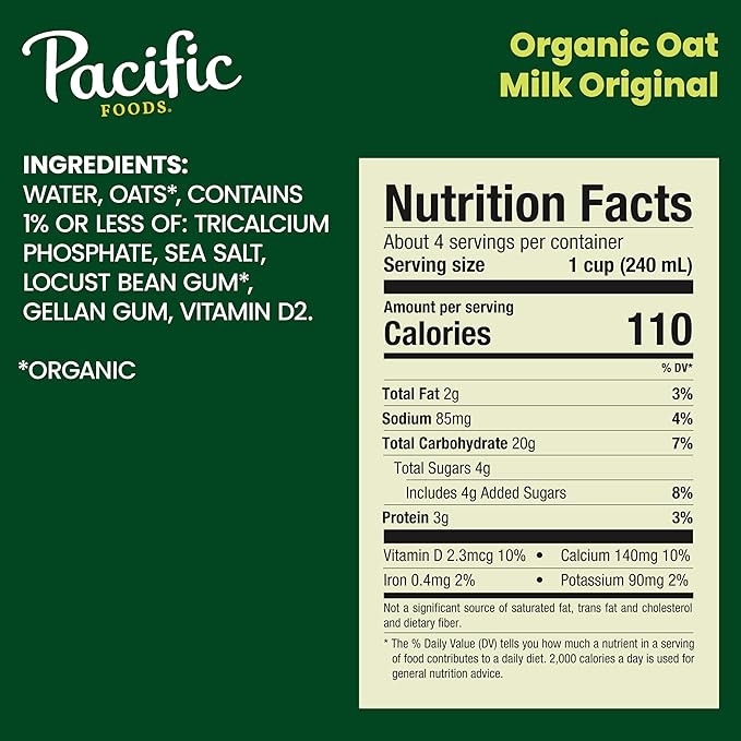 Pacific Foods Original Organic Oat Milk, Plant Based Milk, 32 oz Carton