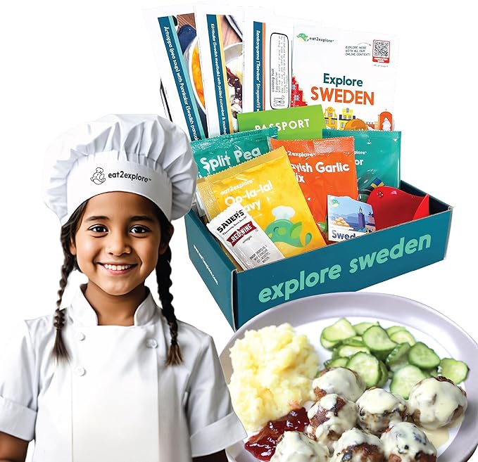 eat2explore Cooking Kits for Kids – Interactive & Educational Kids Cooking Sets Real for Ages 5 and Up,3 Recipe Cards & Global Ingredients – Fun Gift for Young Chefs (Sweden Edition)
